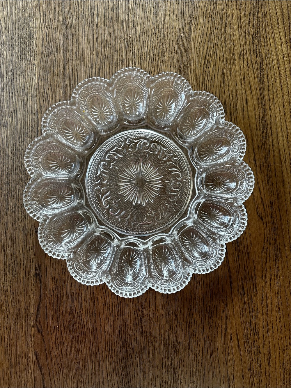 Vintage Pressed Glass Deviled Egg Serving Plate | Scalloped Starburst Pattern